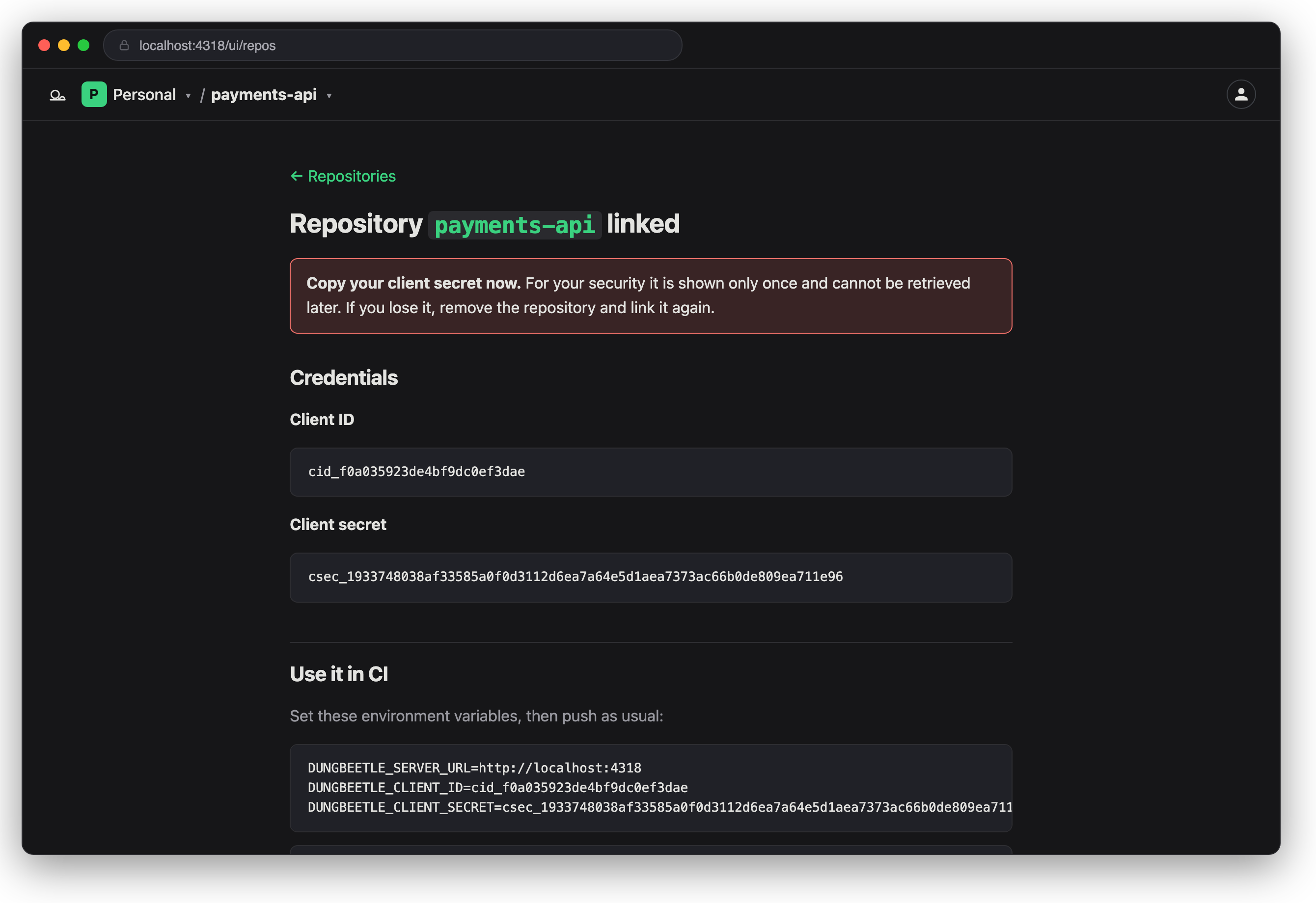 A linked repository revealing its one-time client secret and the CI environment variables to set.